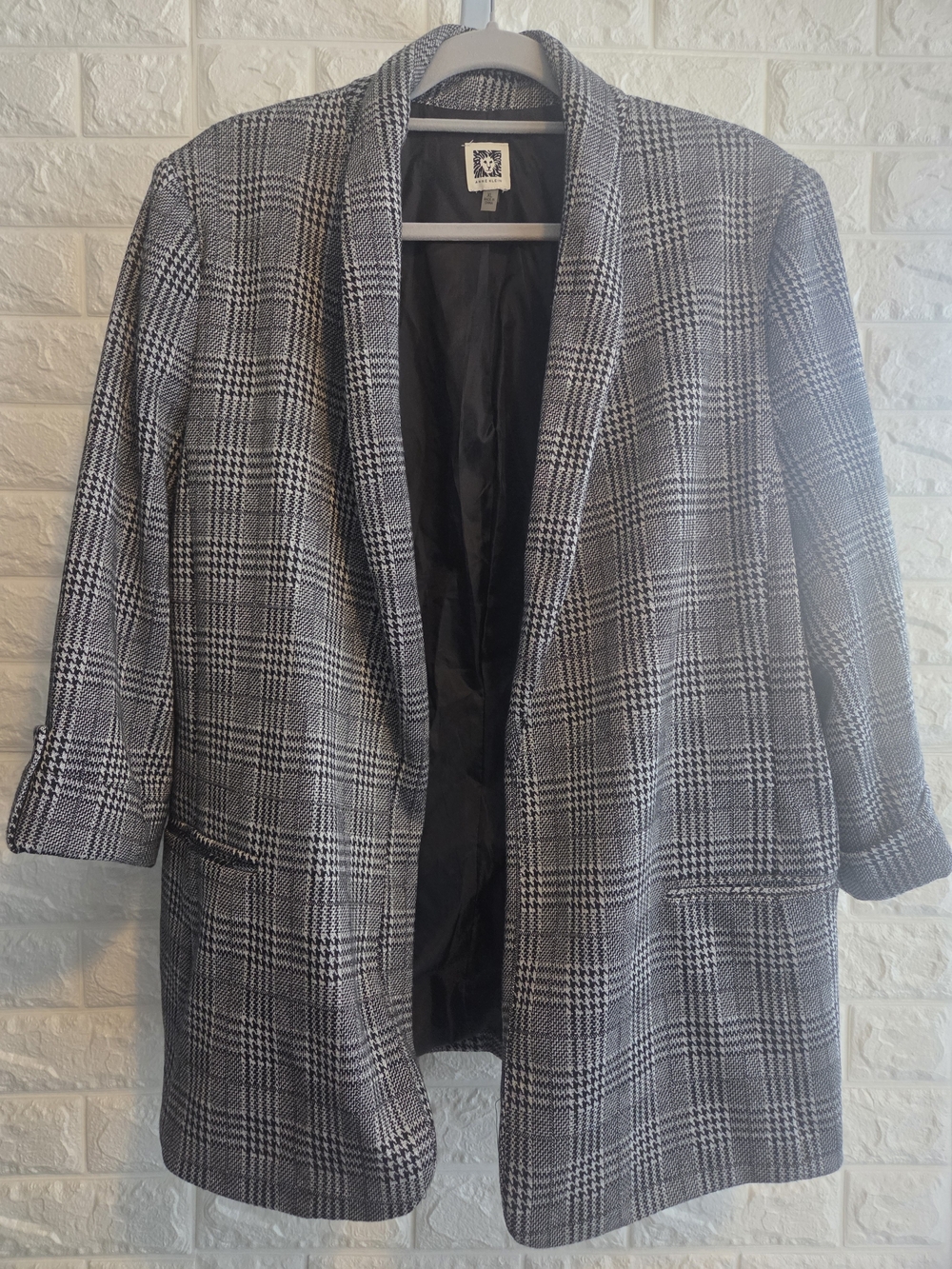 Anne Klein Black & Gray Metallic Glen Plaid Open Front Blazer
